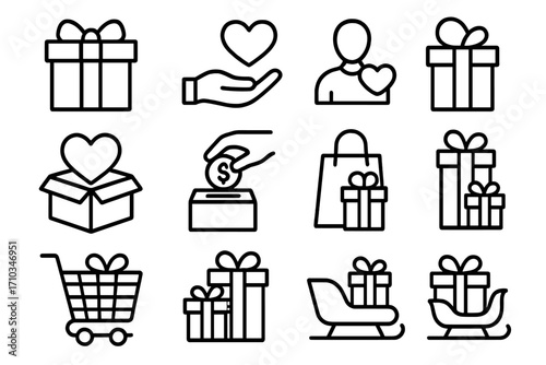 Gift and charity line icon set. Concepts of giving, donation, love, and holiday presents. Outline signs for Christmas, shopping, e-commerce. Vector pack for web and apps.