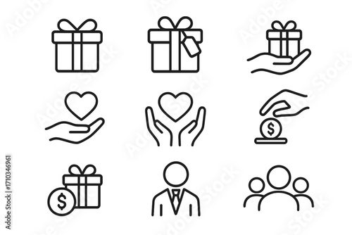 Donation and charity vector line icon set. Gift, present, and business bonus symbols. Outline signs for corporate care, community support, love, and finance concepts.