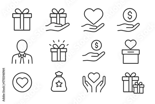 Charity and donation thin line icon set. Giving money, love and gifts for support. Vector outline symbols for fundraising, volunteering and financial help illustration.