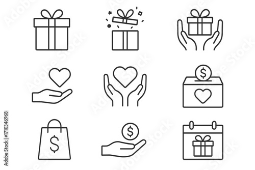 Gift and charity thin line icon set. Donation, present, and holiday outline signs. Vector symbols for graphic and web design. Giving love, support, money, and care concept.