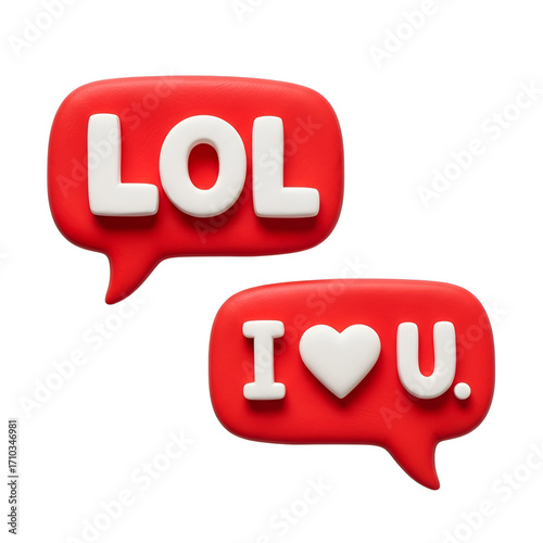 Two red speech bubbles with text lol and i love you, isolated on white background