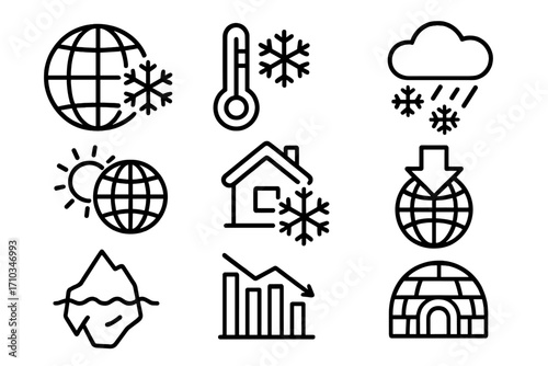Global cooling and ice age icon set. Climate change concept with winter weather symbols. Vector outline icons like iceberg, snow, igloo, and temperature drop for apps.