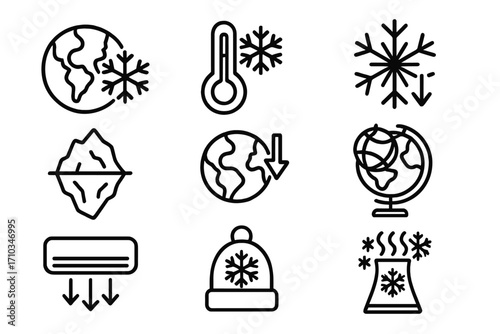 Global cooling and ice age icon set. Climate change concept with winter symbols. Outline icons of snowflake, cold thermometer, iceberg, planet earth, and winter hat. Vector.