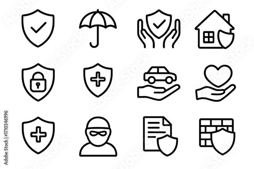 Insurance line icon set for protection, defense, and security concepts. Includes car, home, life, and health insurance symbols. Safety, risk, cyber security, and policy icons.