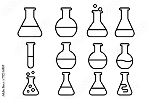 Science and chemistry line icon set. Laboratory glassware, beaker, test tube, and flask with liquid chemical reaction. Vector outline symbols for experiment and research.