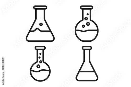 Science and chemistry lab icon set. Laboratory flask, beaker, test tube outline vector. Chemical research, experiment, medical equipment symbols. Minimal line art for web design.