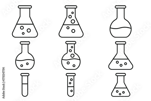 Laboratory flask and beaker thin line icon set. Vector outline symbols for science, chemistry, research, and experiment. Editable stroke signs for web, apps, and lab graphics.