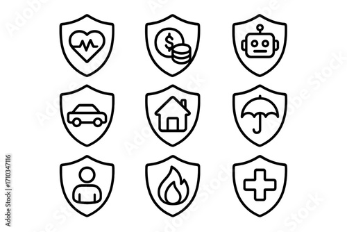 Insurance line icon set for protection concepts. Vector icons for health, car, home, fire, money, life, and technology. Shield symbol for security, safety, and assurance.