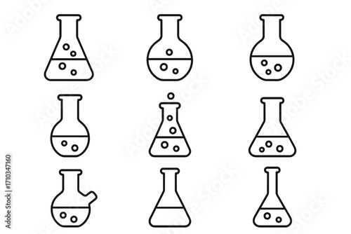 Laboratory flask and beaker thin line icon set. Chemistry science outline signs for graphic and web design. Chemical lab research, experiment vector illustration icons.