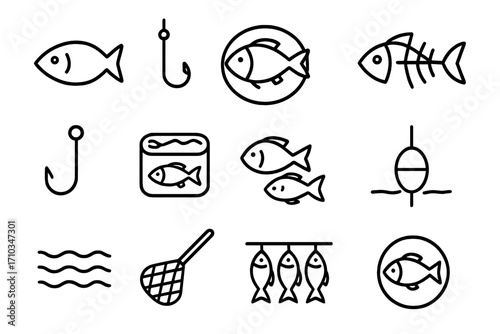 Fish and fishing line icon set. Seafood outline pictograms. Fish market, restaurant menu & cooking symbols. Vector collection of hook, net, canned fish, skeleton & float.