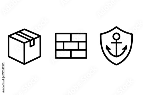 Secure logistics and business stability vector icon set. Line icons of a package, brick wall, anchor shield. For concepts like delivery, protection, firewall, and reliable shipping.
