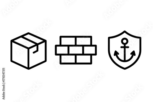 Set of line icons for security and logistics. Box for package, delivery. Brick wall for construction, firewall. Anchor shield for safety, stability, and protection. Vector outline.