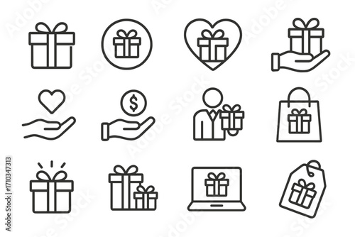 Gift, present, and charity line icon set. Outline symbols for giving, donation, love, loyalty program, and holiday bonus. Vector signs for web, apps, and graphic design.