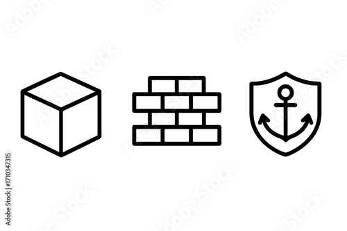 Security and stability line icon set with box, brick wall, and anchor shield. Represents packaging, firewall, protection, strength, and strong foundation. Simple outline vector symbols.