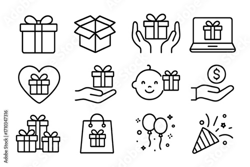 Gift, present, and celebration line icon set. Vector outline symbols for holidays, charity, donation, online shopping, and birthday party for graphic and web design.