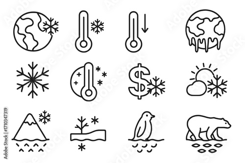 Winter line icon set. Global cooling and warming, climate change icons. Cold weather, snowflake, thermometer, polar bear, penguin. Editable stroke vector outline pictograms.