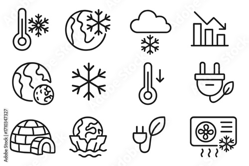 Global cooling and ice age icon set. Vector line icons of winter, snow, freezing planet Earth, cold temperature, thermometer, iceberg, igloo, and climate change concepts.