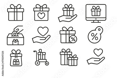 Gift box, charity, and shopping line icons set. Vector outline symbols for donation, present, sale discount, and love. For web design, apps, and graphic user interface.