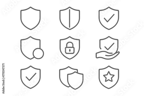 Shield line icon set for security and protection. Concepts of defense, insurance, safety, privacy, and trust. Vector pictograms of guard, lock, checkmark for UI UX design.