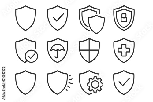 Security shield line icon pack. Concepts of protection, defense, insurance, and safety. Minimalistic linear pictograms for web design. Verified, medical, data privacy icons.