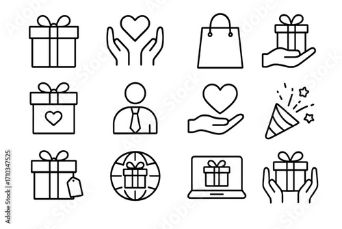 Set of gift, charity, holiday, business, present and celebration line icons. Outline symbols for graphic design, web, apps, advertising, cards, online shopping, charity support