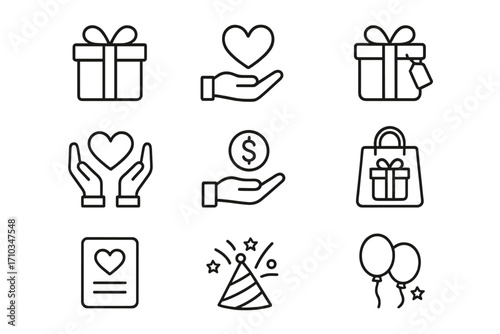 Set of gift charity holiday business present icons, outline line art signs for graphic design, web apps, adverts, festive celebration, donation, love, shopping, party objects