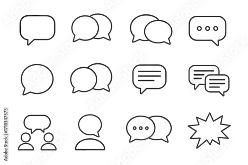 Set of talking and dialogue line icons, speech bubble outline symbols for graphic design, web, apps, adverts, communication, chat, messaging, conversation, social media, vector cartoon illustration