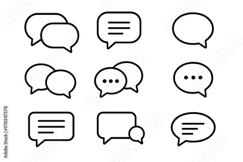 Set of talking and dialogue line icons, speech bubble outline signs, chat and conversation symbols, communication vector illustrations for graphic design, apps, adverts, cards, social media