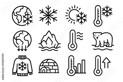Set of global cooling line icons, outline signs for environment, climate change, freezing temperature, polar bear, igloo, arctic, winter clothes, thermometer, ice, snowflake, frozen world