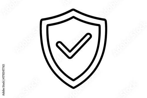 Minimalistic Linear Shield Icon with Checkmark, Security, Protection, Defence, Insurance Concept, Vector Cartoon Pictogram for Web, Graphic Design, Apps, Banners, Social Media, Cards