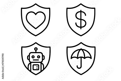 Simple linear insurance illustration with health heart, money dollar, robot technology, umbrella protection icons by shield for graphics, app concepts, risk security vector