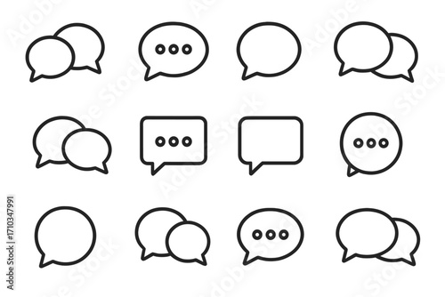 Talking and dialogue icon collection, speech bubble outline signs for graphic and web design, apps, adverts, social media, messaging, communication concepts, vector cartoon illustration