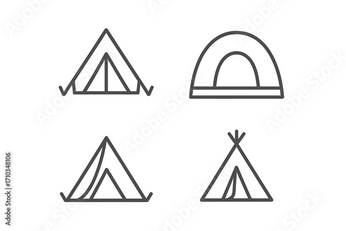 Minimalistic Tent Icons Set in Outline Style, Camping and Outdoor Symbols, Vector Cartoon Illustrations, Design Elements for Apps, Cards, and Social Networks, Transparent Background