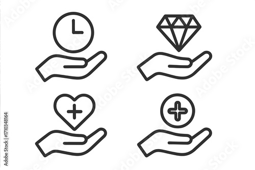 Time, gem, health, and medical plus signs over open hand line icons pack, outline symbols for graphic design, web apps, advertising, cards, and business vector illustration