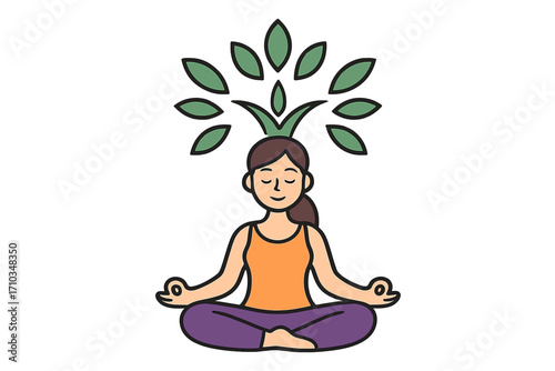Calm woman meditating in lotus pose with abstract green tree concept, yoga mindfulness, relaxation, nature harmony, wellness, mental peace, healthy lifestyle, vector cartoon transparent background