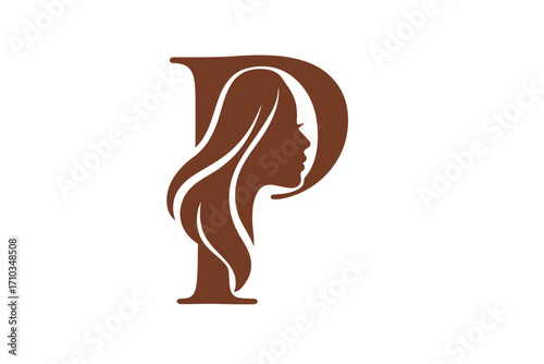 Elegant beauty monogram logo with letter P and woman silhouette, feminine profile design with flowing hair, stylish vector illustration for fashion and cosmetics branding, transparent background