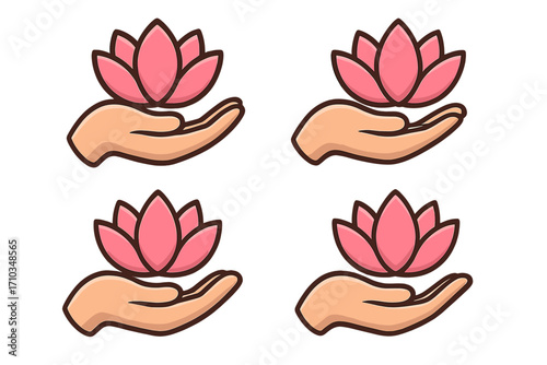 Hand holding pink lotus flower logo, vector cartoon illustration, spiritual wellness symbol, relaxation and meditation icon, nature and purity concept, transparent background set