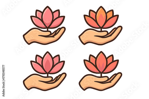 Hand holding lotus flower logo set, colorful vector cartoon illustrations with transparent background, serene nature symbol, wellness and spirituality concept, beautiful floral design