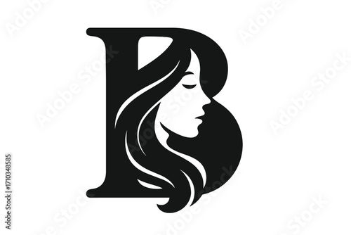 Elegant initial letter B with beautiful woman face silhouette and flowing hair, vector cartoon illustration with transparent background, stylish feminine logo design