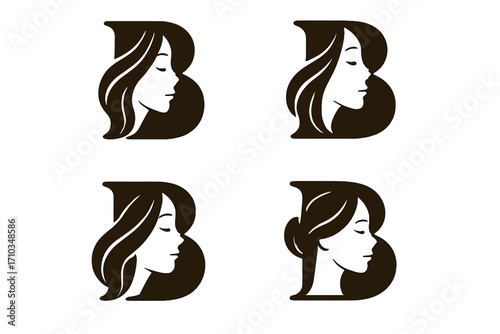 Elegant letter B logo with woman face silhouette, beauty and hair style concept, female profile vector, beauty salon icon, hairdresser emblem design, cosmetic branding