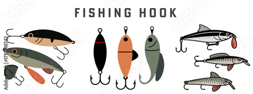 Set of Vector Fishing Hooks Equipment in Flat Style | Fishing Gear, Tools, and Tackle Illustration