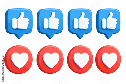 Social media 3D render like and love icons set, glossy blue thumbs up and red heart symbols, cartoon vector illustration with transparent background, digital engagement concept