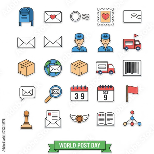 Set of vector icons for World Post Day featuring envelopes, letters, packages, and postal service symbols in flat minimalist design style.