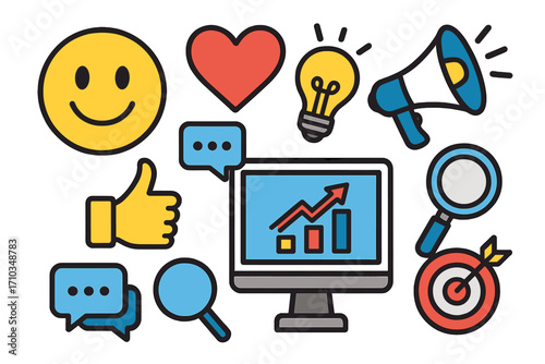 Social media marketing emoji banner with SEO icons, cartoon vector illustration set showing growth chart, like, heart, megaphone, magnifying glass, lightbulb, and chat bubbles, transparent background