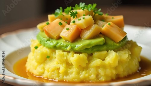 Peruvian causa layered dish with mashed yellow potatoes, avocado, and seafood or chicken filling 