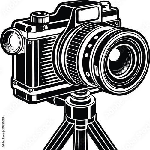A retro film camera with an old lens on a tripod, a classic photographic equipment object isolated on white