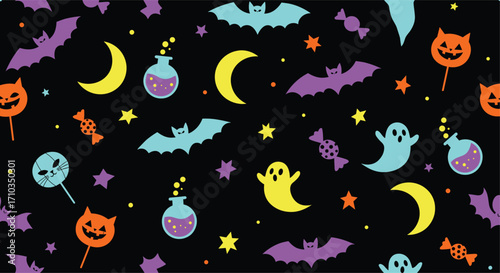 A playful pixelated pattern featuring halloween icons like ghosts bats moons and candy.