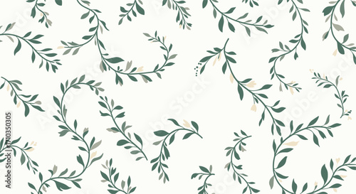 A delicate pattern of trailing green vines with small white flowers and buds on a creamy background.