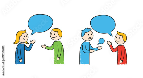 Two pairs of people are having conversations and the speech bubbles are empty.