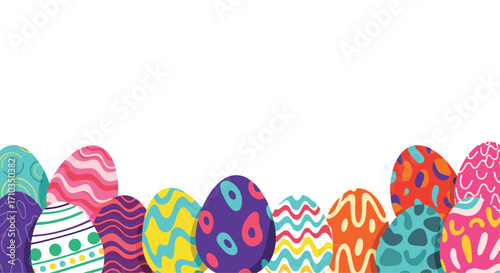 A colorful collection of decorated Easter eggs arranged in a festive border design.